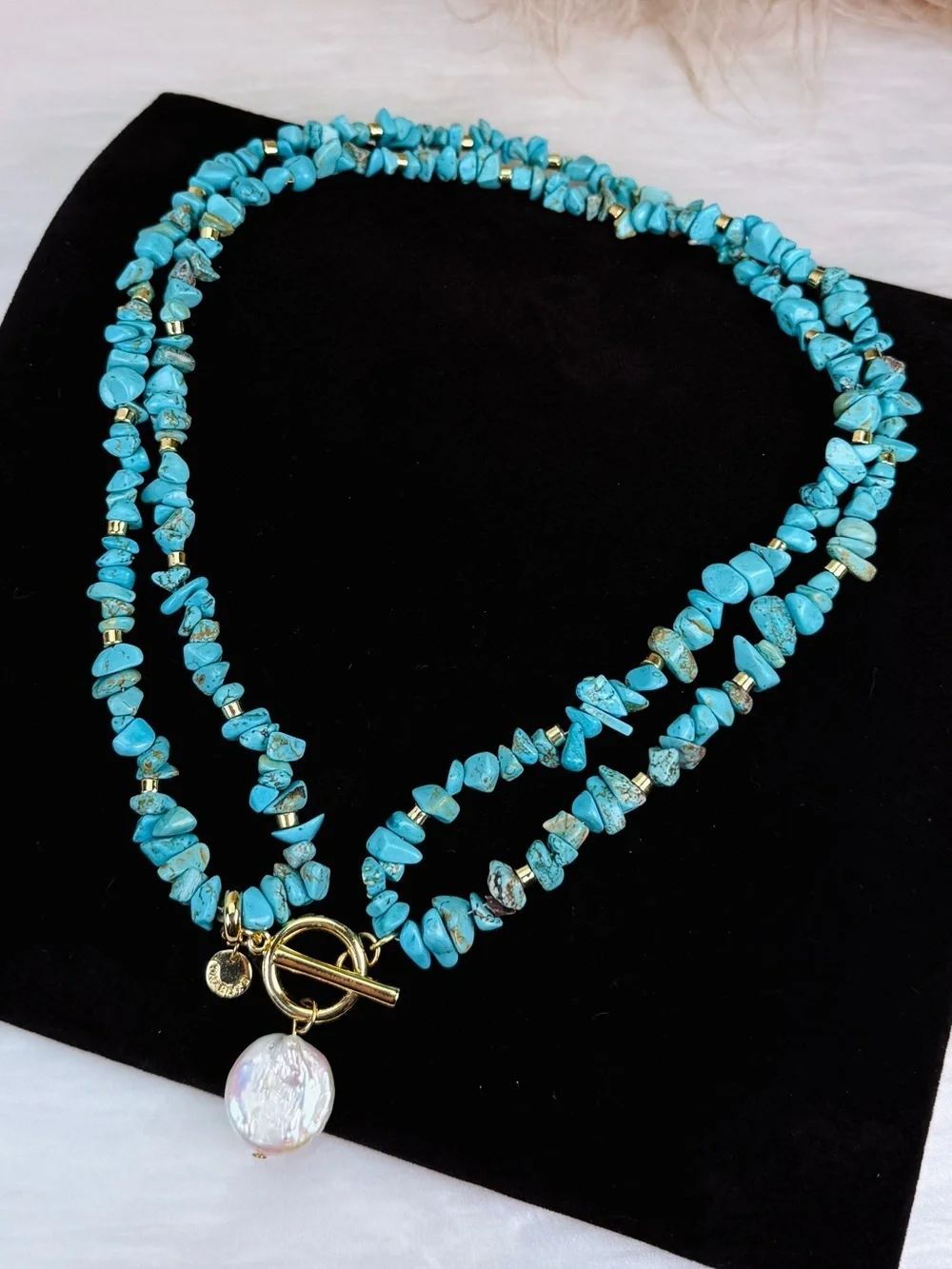 Vintage faux Turquoise Blue Beaded convertible Necklace Gold Accents Faux Pearl